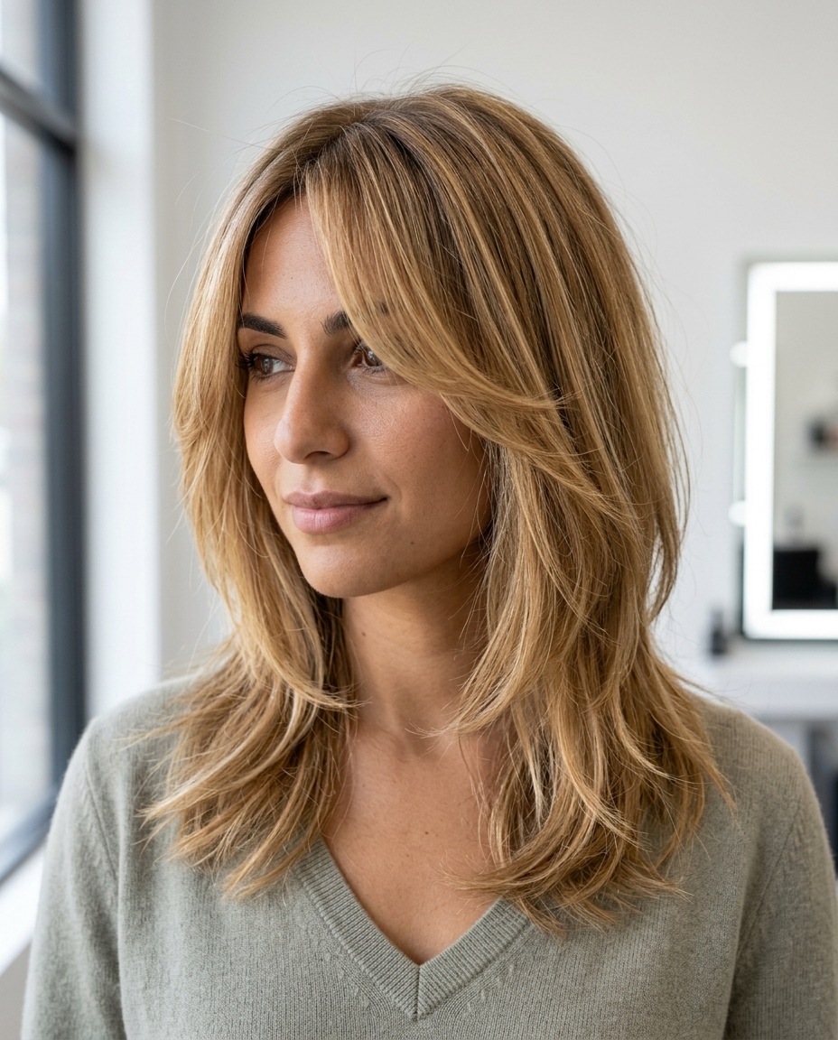 shoulder-length shag haircut in honey blonde with golden babylights and curtain bangs for effortless chic