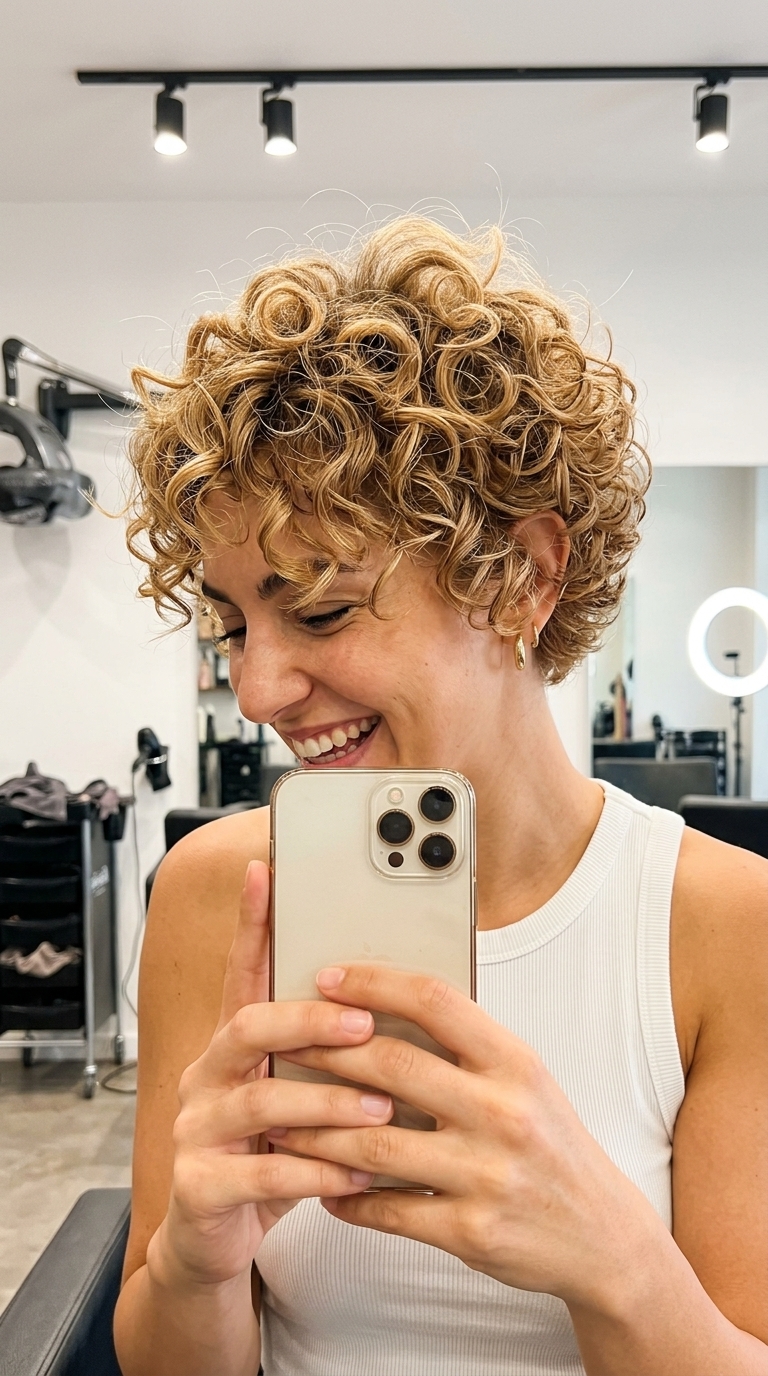 Honey Blonde Pixie Haircut 2026 very short honey blonde pixie haircut with sun-kissed babylights, defined curls, tapered sides β chic & playful