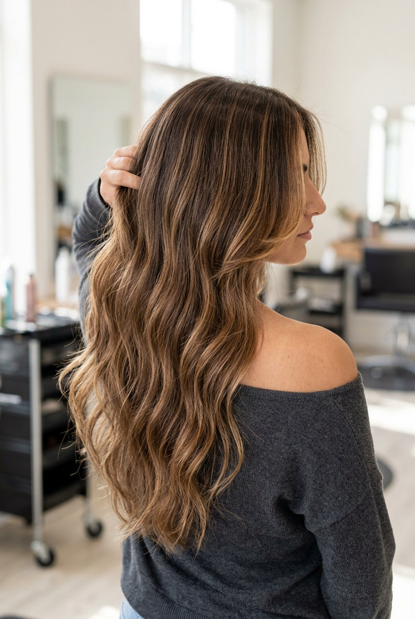 long layered haircut with warm honey balayage on brunette, face-framing layers, V-cut back — romantic summer glow