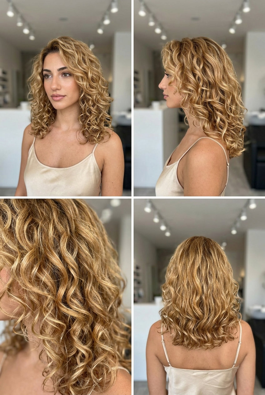 long layered honey blonde sun-drenched highlights with golden caramel on curls for beach vacation
