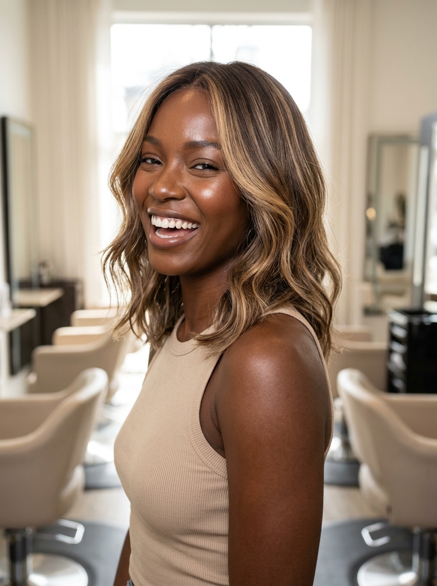collarbone-length lob with honey-dipped mocha and babylights for sophistication