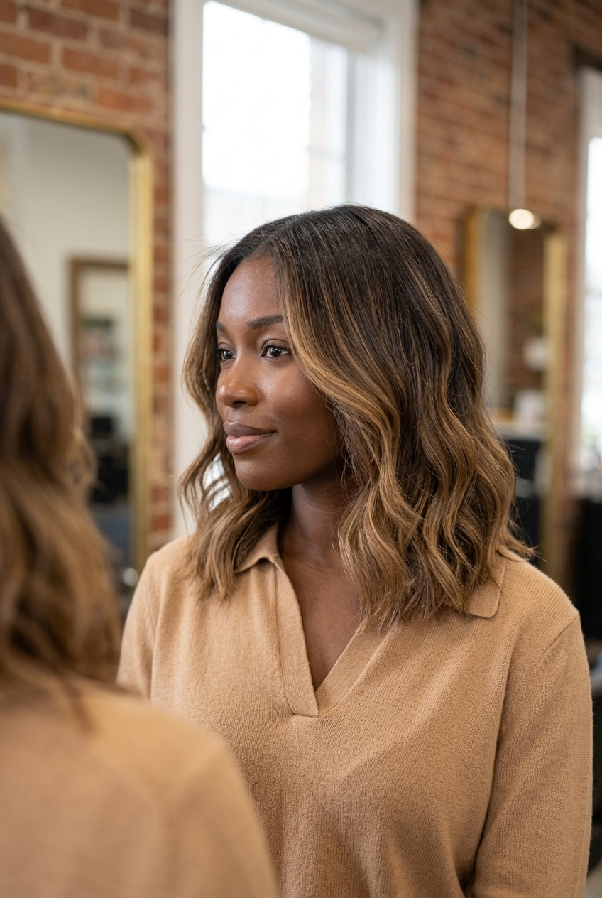 collarbone-length lob with honey-dipped mocha balayage for French chic
