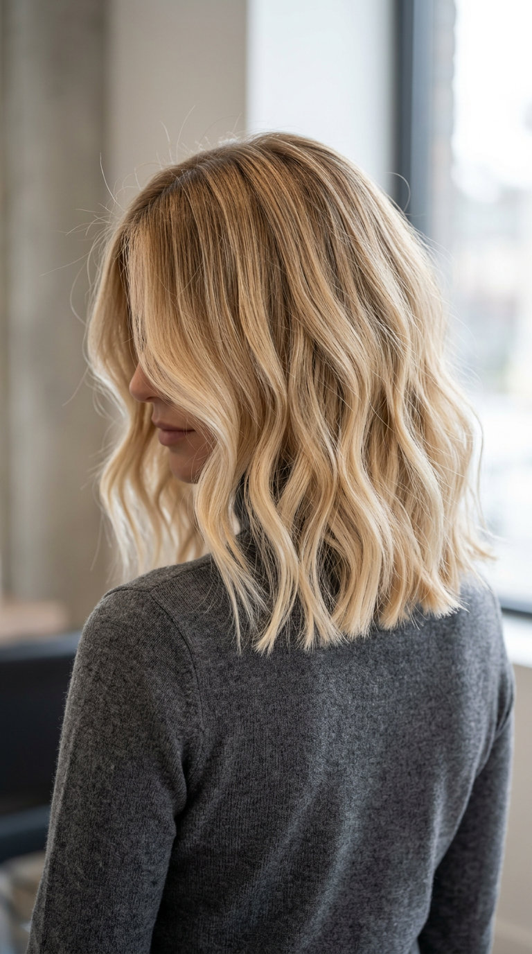 shoulder-length lob ombre with warm honey to pale vanilla, internal layers and soft part for trendy look