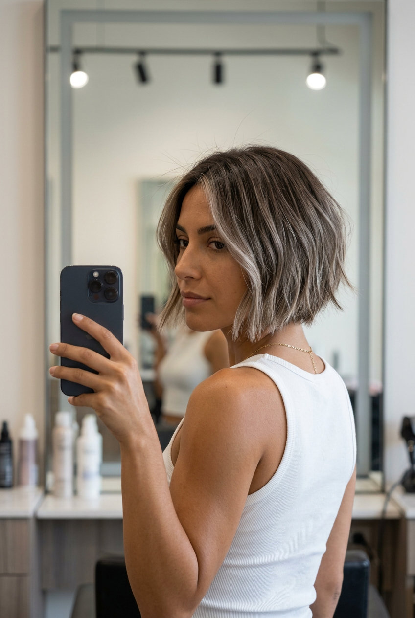 jaw-length iced coffee bob with icy beige balayage and wispy bangs for soft texture