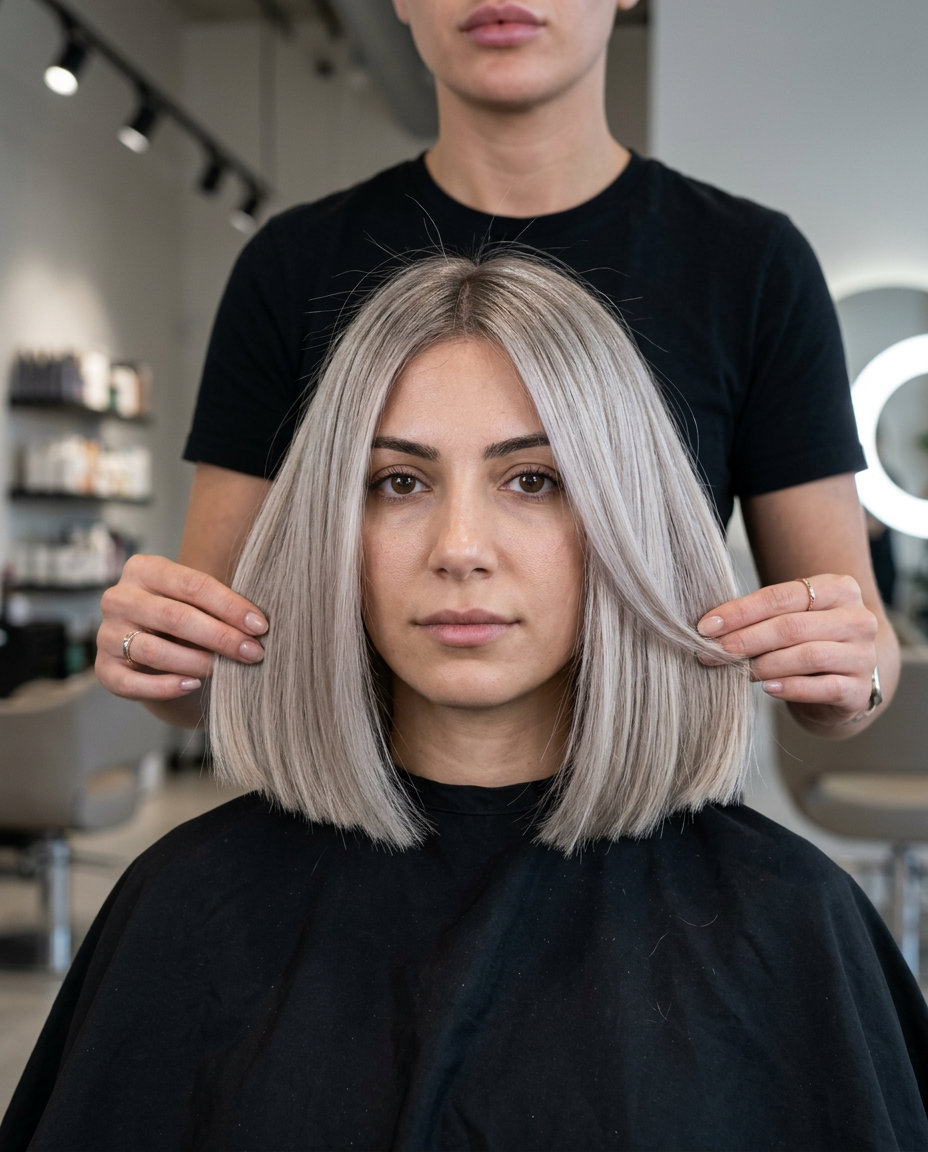Icy Blonde Blunt Midi: Summer Haircut 2026 medium blunt haircut in icy blonde with platinum undertones, cool root smudge, one-length cut β chic professional style