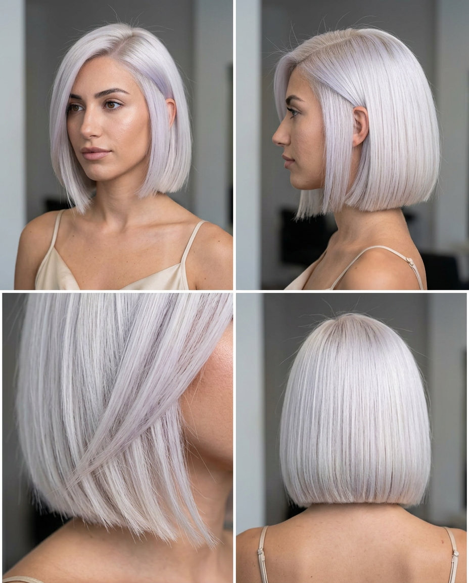 chin-length icy platinum bob with silver undertones, razor-cut blunt ends, side part — edgy futuristic