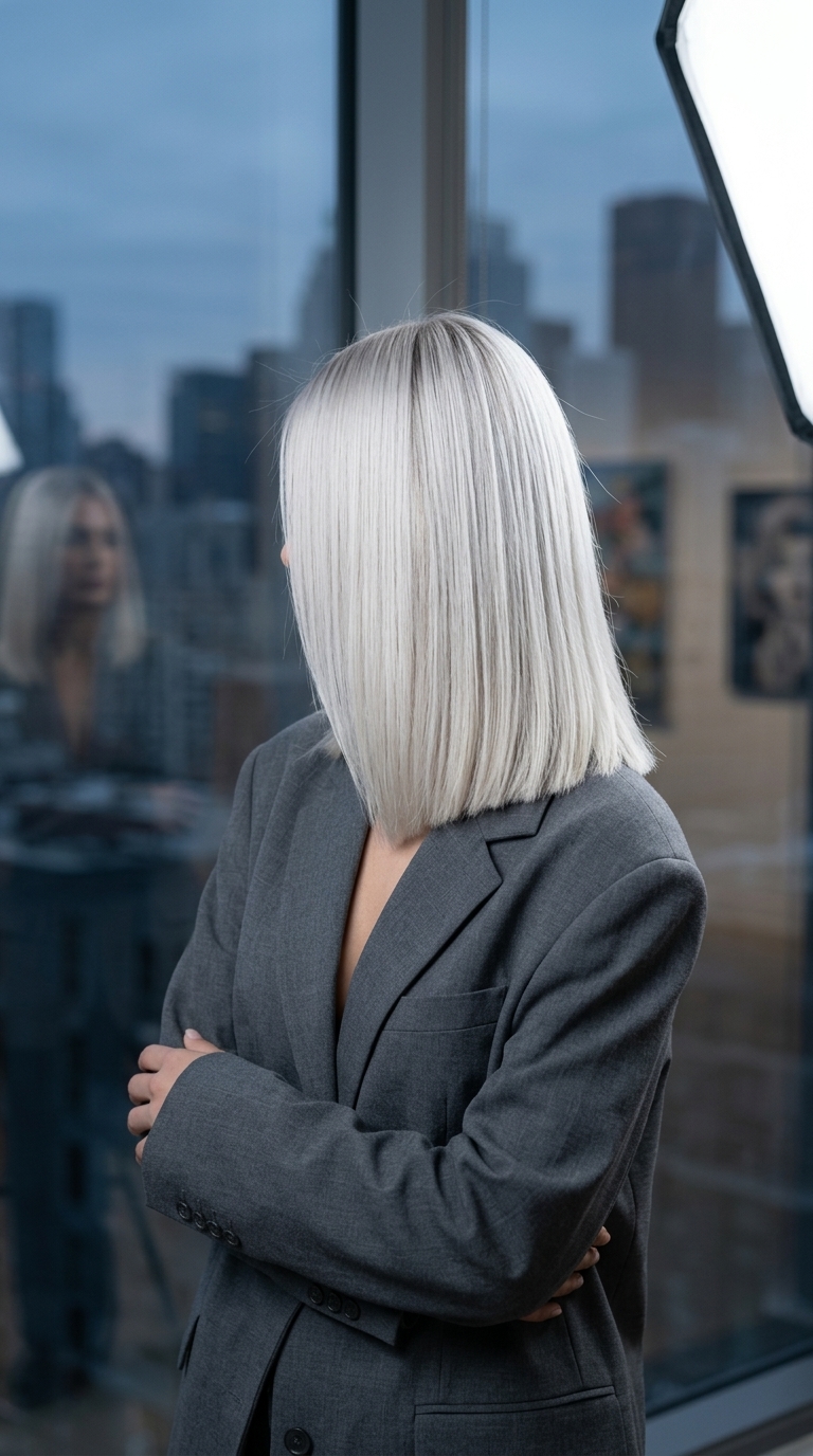 collarbone-length blunt lob haircut in icy platinum blonde with ash root smudge, A-line shape, center part — glamorous modern style