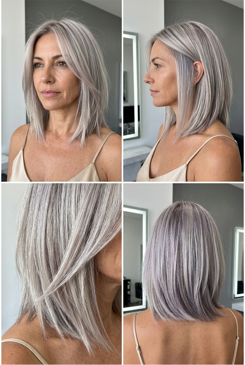 collarbone lob icy platinum with silver toner, oyster shell effect, wispy fringe — bold