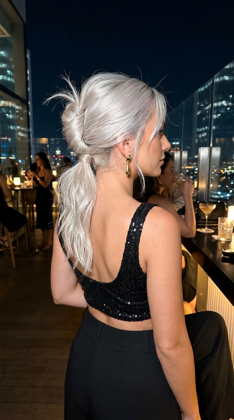 Modern Textured French Twist 2026 long icy platinum blonde French twist with textured layers and face-framing pieces for a date night