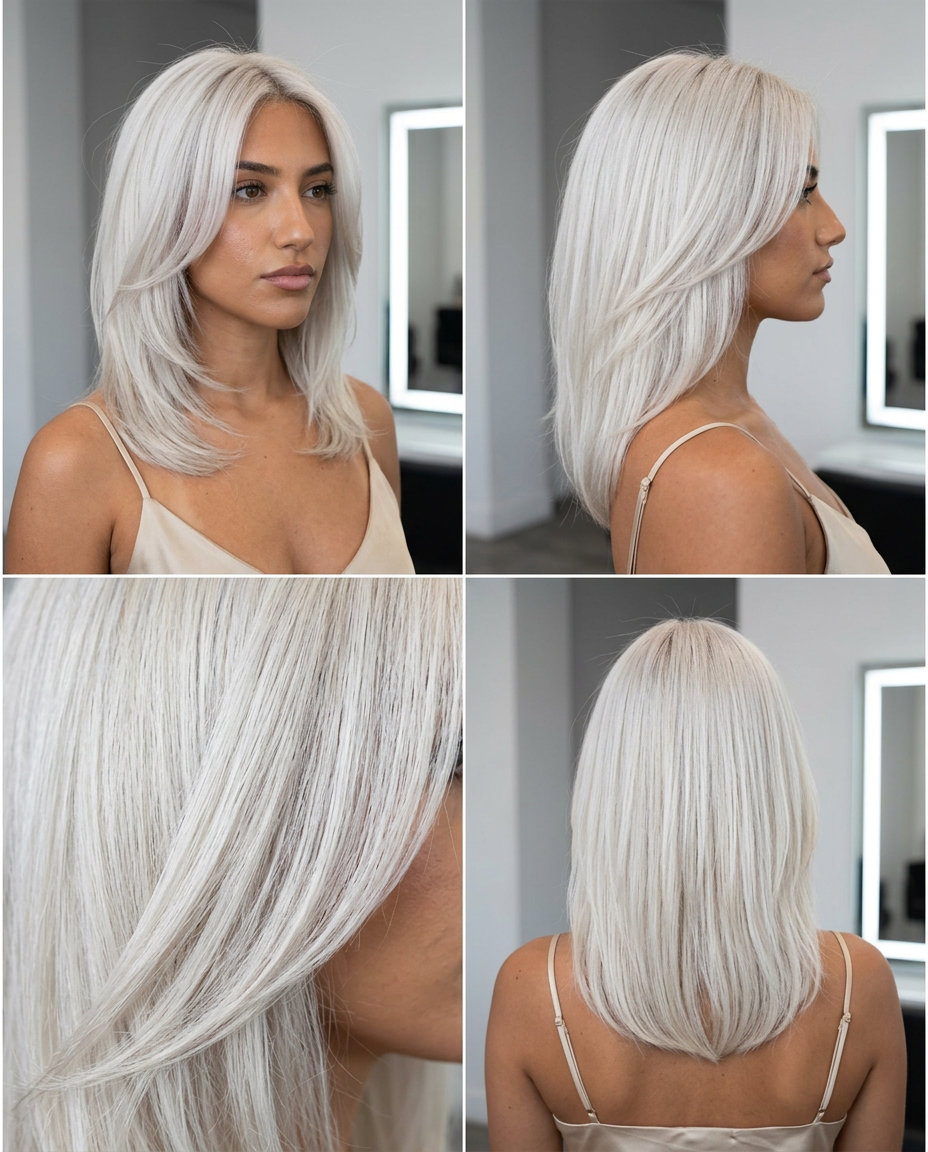 Bold Platinum Ghost Butterfly Cut 2026 medium-length icy platinum butterfly haircut with silver undertones, ghost layers for high-fashion event