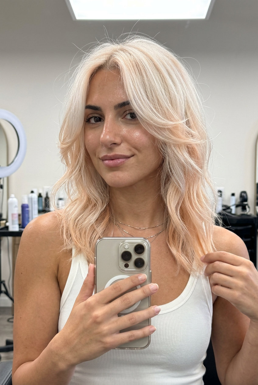 Ethereal Platinum Peach Butterfly Cut 2026 medium-length icy platinum butterfly haircut with peach fuzz overlay, deep point-cut layers for fashion event