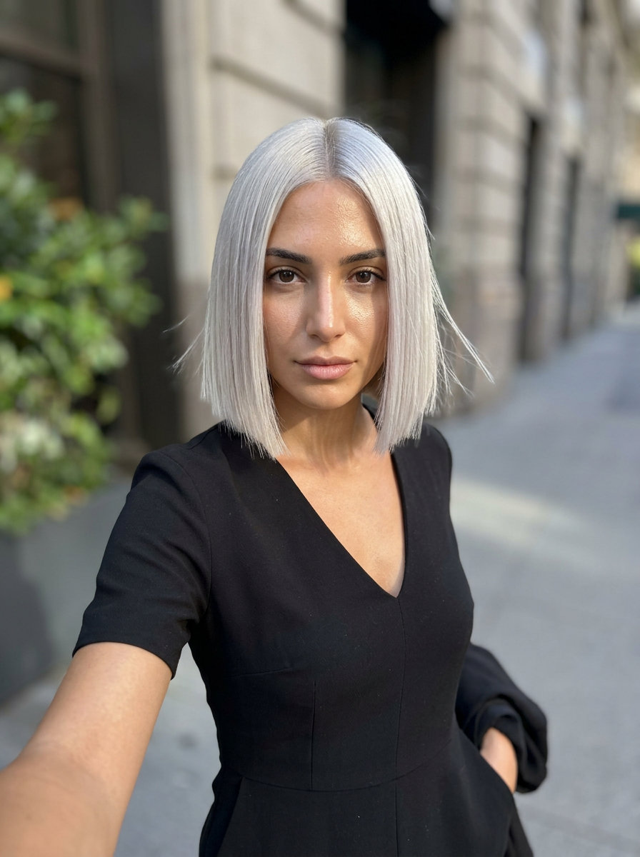 Icy Platinum Glass Bob 2026 short blunt bob haircut in icy platinum blonde with silver undertones for edgy looks