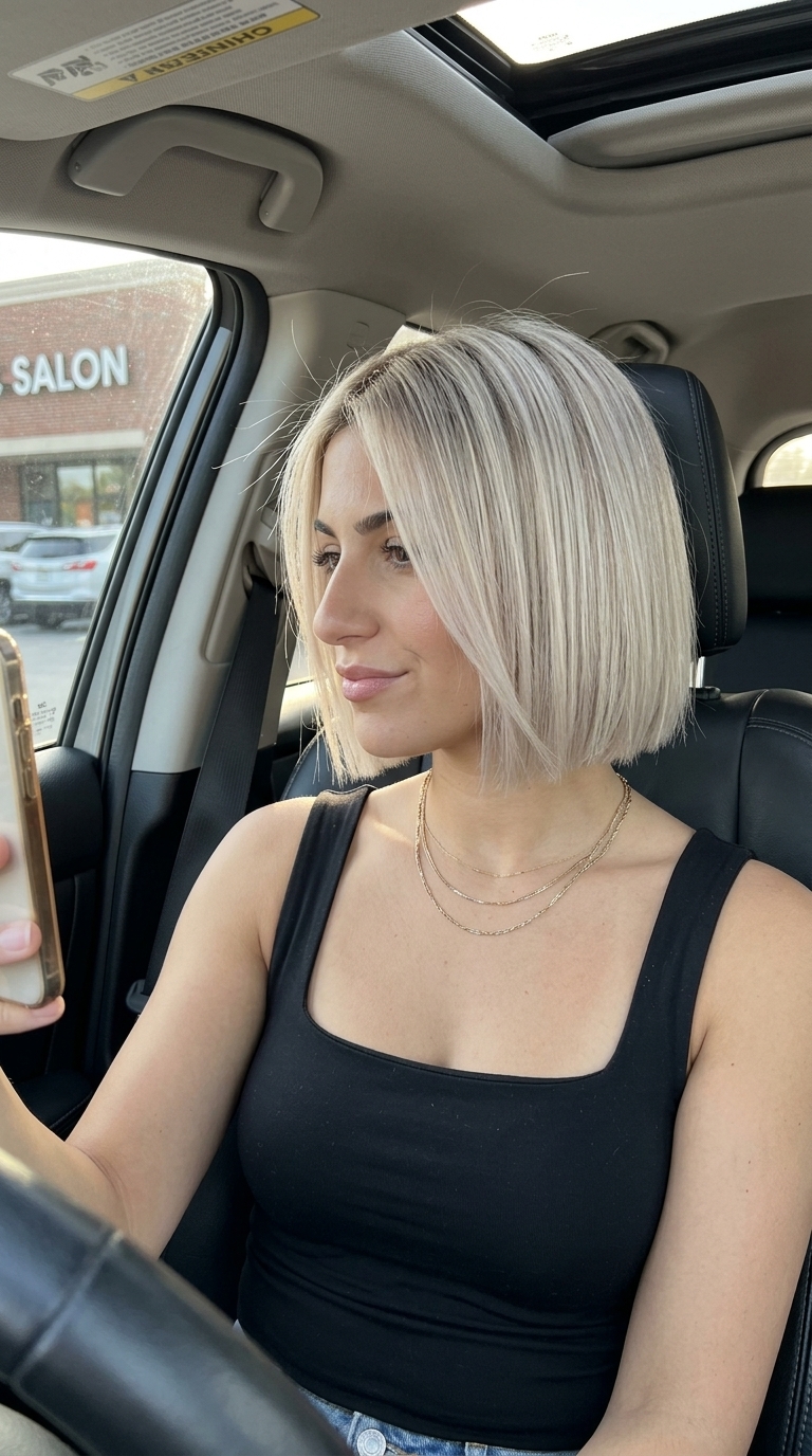 short blunt bob in icy platinum blonde with cool beige tones, sleek finish, no fringe — chic professional