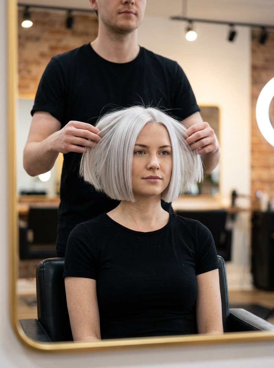 short italian bob haircut with icy platinum blonde, silver undertones and blunt perimeter for bold look