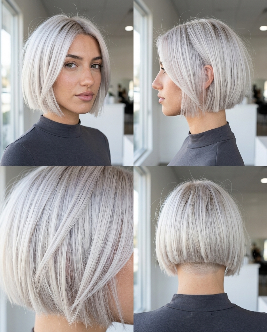 Icy Platinum Micro Bob 2026 short blunt bob haircut with icy platinum blonde, ash root smudge, razored perimeter β edgy festival look