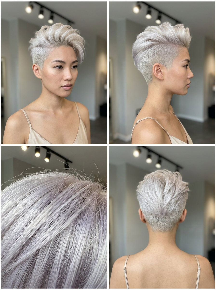Short crop haircut with icy platinum blonde, cool violet-grey undertones, clipper fade, voluminous top — edgy for events