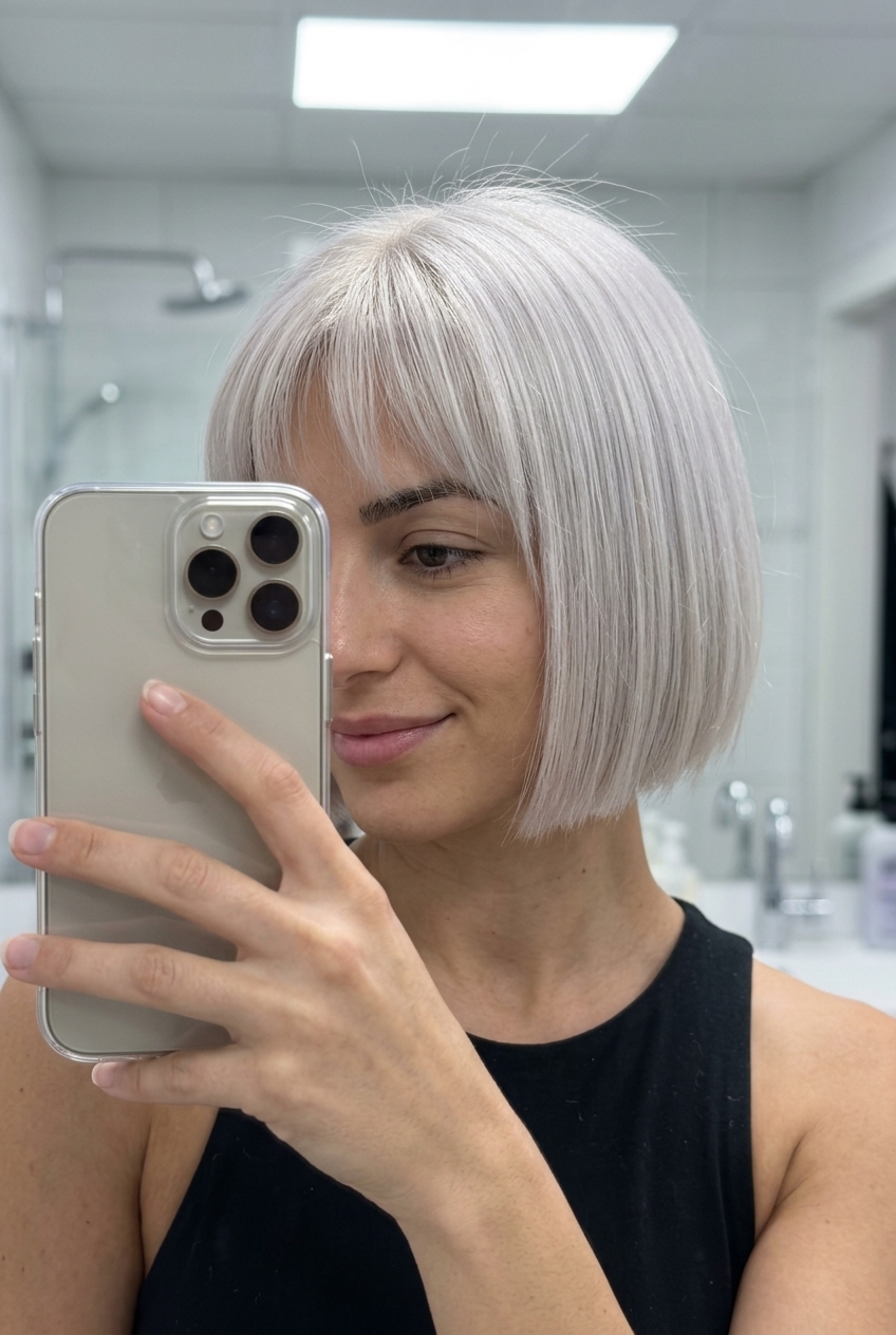 Gorgeous Summer French Bob 2026: Icy Chic Power Bob short french bob haircut with icy platinum blonde, violet toner, and micro-fringe — bold modern look