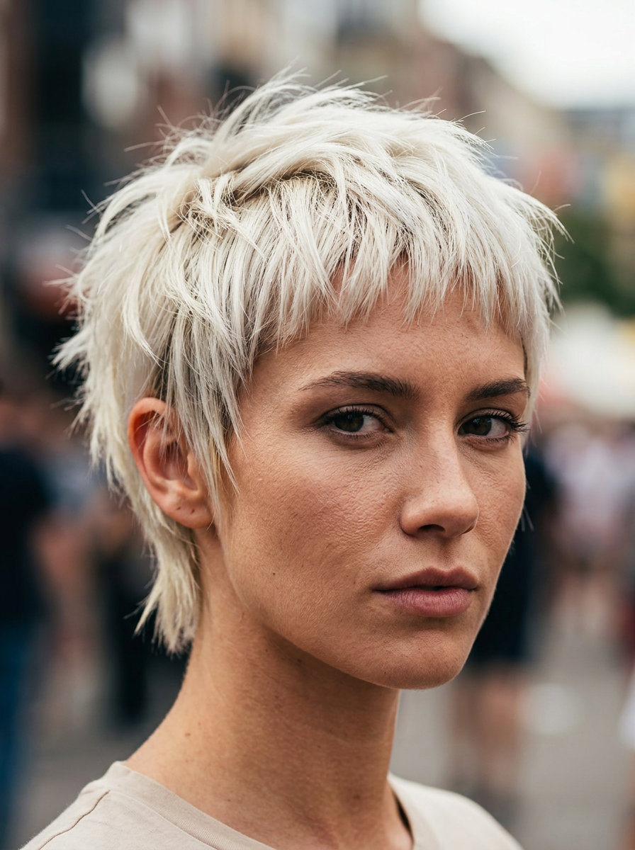 Edgy Platinum Micro Bixie Haircut 2026 short micro-bixie haircut in icy platinum with silver root smudge and blunt bangs