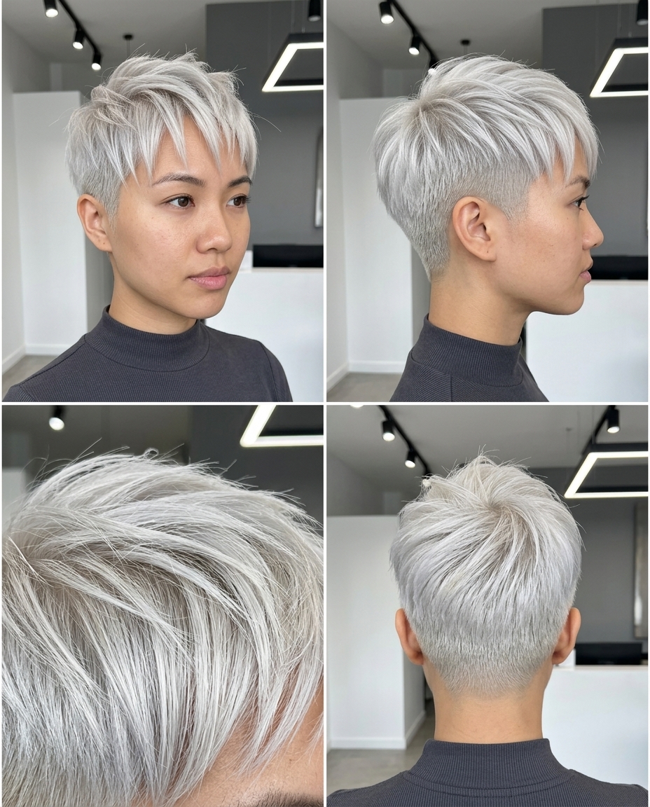 short pixie haircut in icy platinum blonde with skin-fade for summer 2026