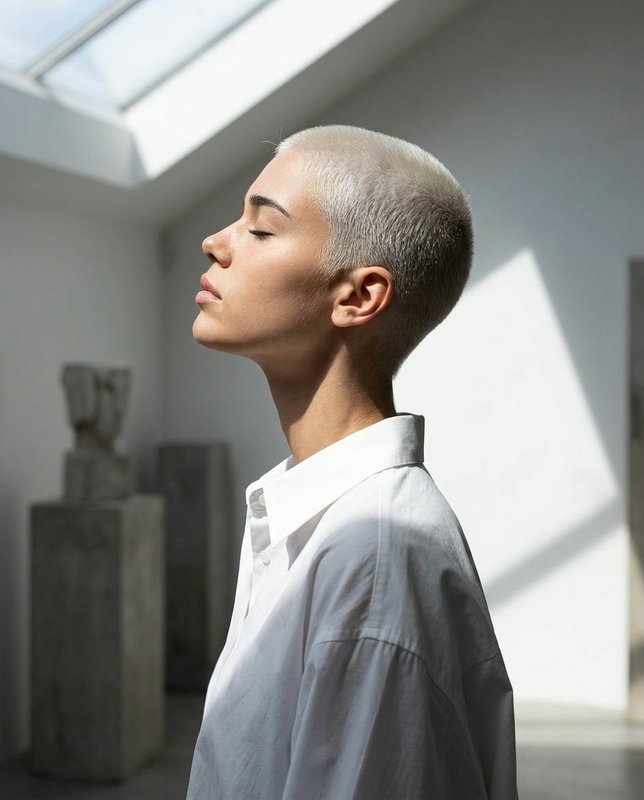 Very short buzz cut with icy platinum blonde, uniform clipper cut, no bangs — edgy for festivals