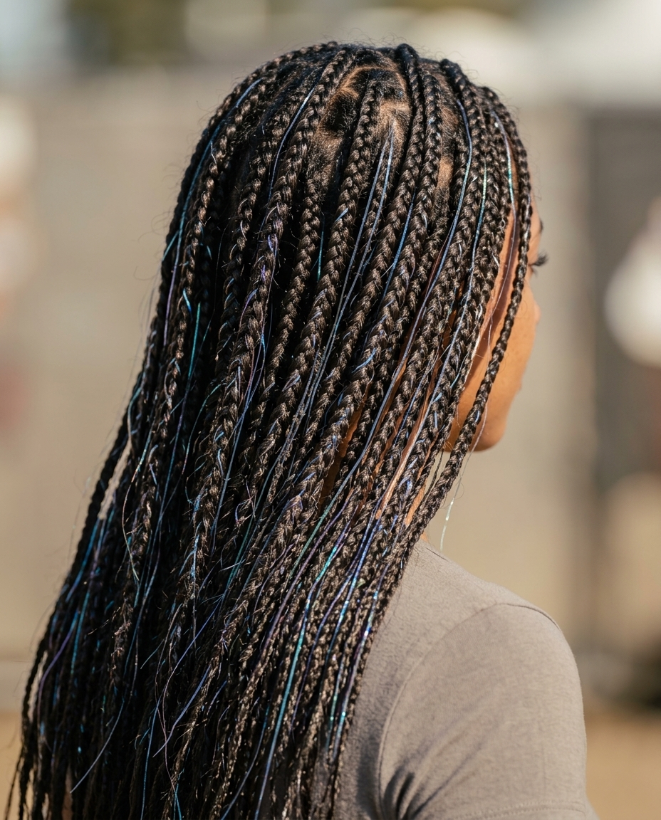 long knotless braids in iridescent pastel with holographic shimmer for music festival