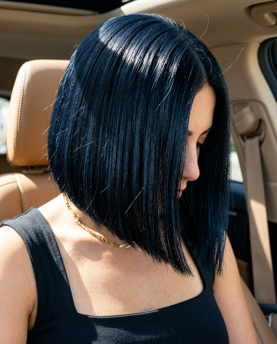short italian bob haircut in jet black with blue-black undertones and high gloss for summer 2026
