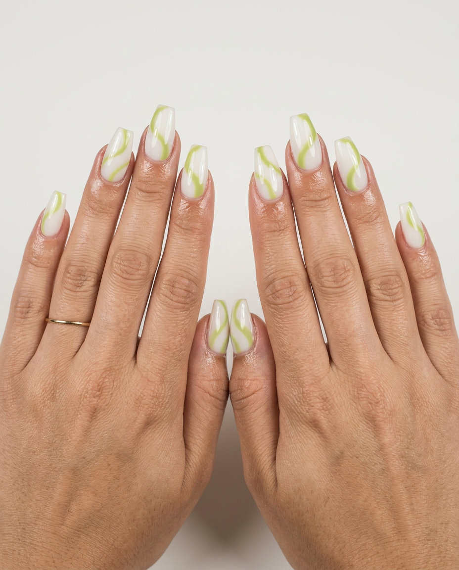 Lime Green Milky Swirls Coffin nails: June manicure ideas - summer trends 2026. Playful casual weekend style.