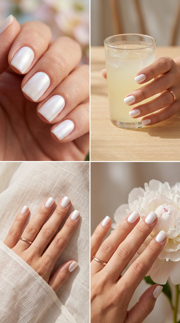 Milky Pearlescent Dream nails: June manicure ideas - summer trends 2026. Elegant bridal shower event style.