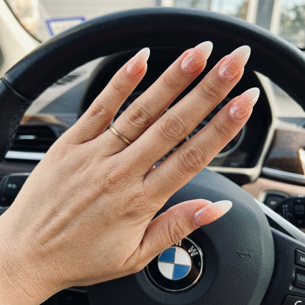 Peach Fuzz Glitter Ombre Almond nails: June manicure ideas - summer trends 2026. Romantic date night wedding style.