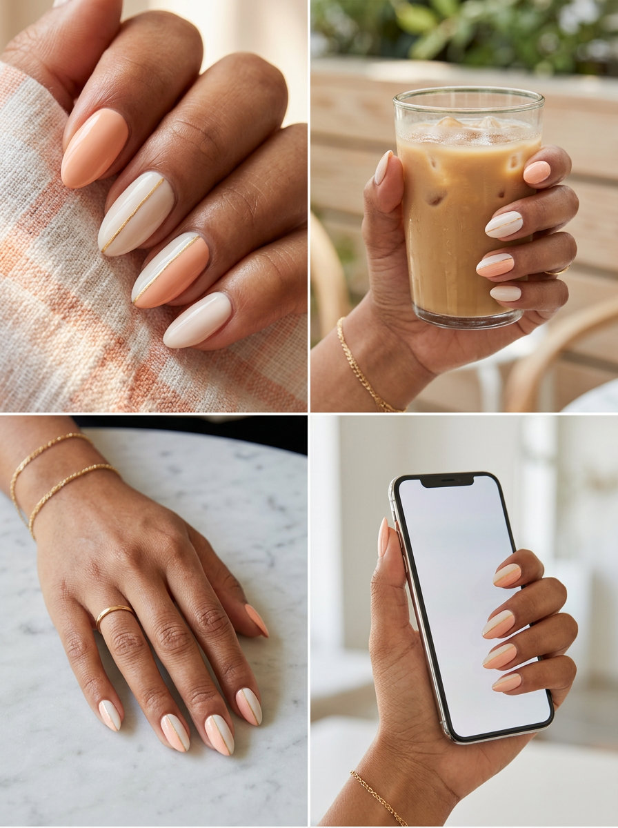 Peach Fuzz & Milky White Color Block nails: June manicure ideas - summer trends 2026. Sophisticated daily wear.