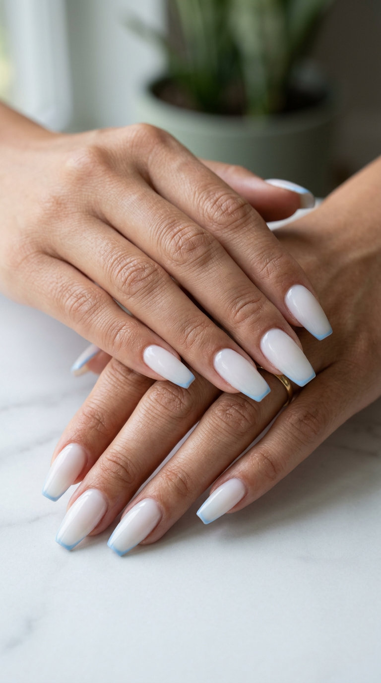 Sky Blue Milky French Coffin nails: June manicure ideas - summer trends 2026. Chic wedding bridal shower style.