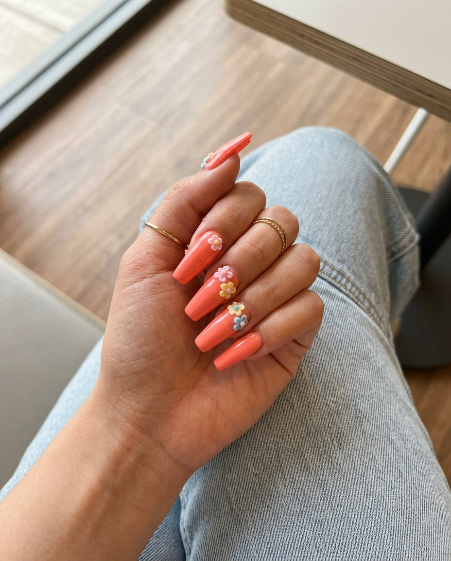 Vibrant coral nails with 3D floral charms: June manicure ideas - summer trends 2026.
