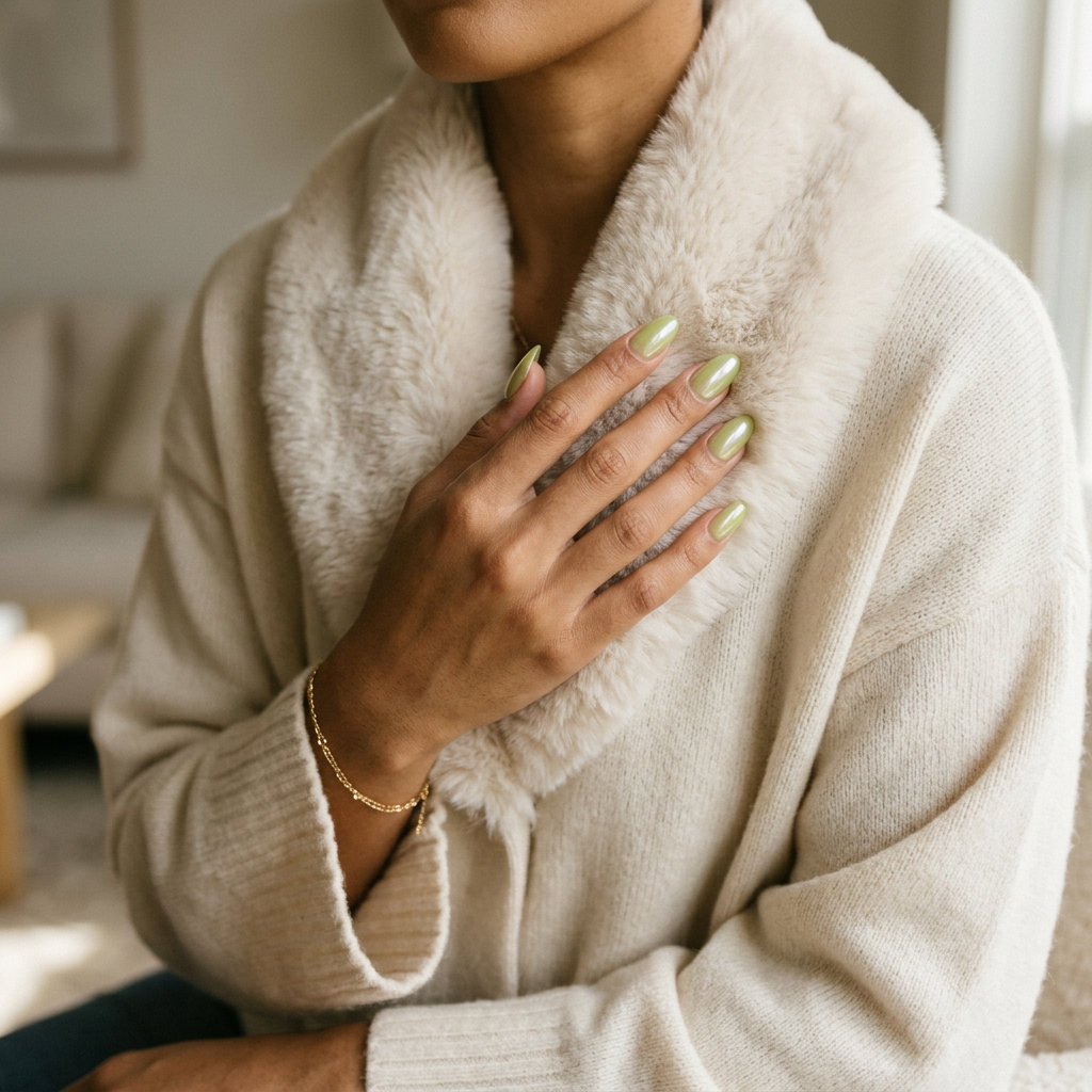 Sheer lime green glazed almond nails with pearlescent finish: June manicure ideas - summer trends 2026.