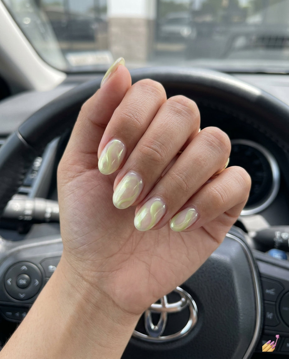 Lime green pearlescent swirls short oval nails for weekend fun and bright casual style. June manicure ideas - summer trends 2026.