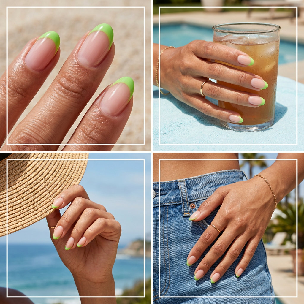 Lime green reverse French on sheer pink almond nails: June manicure ideas - summer trends 2026.