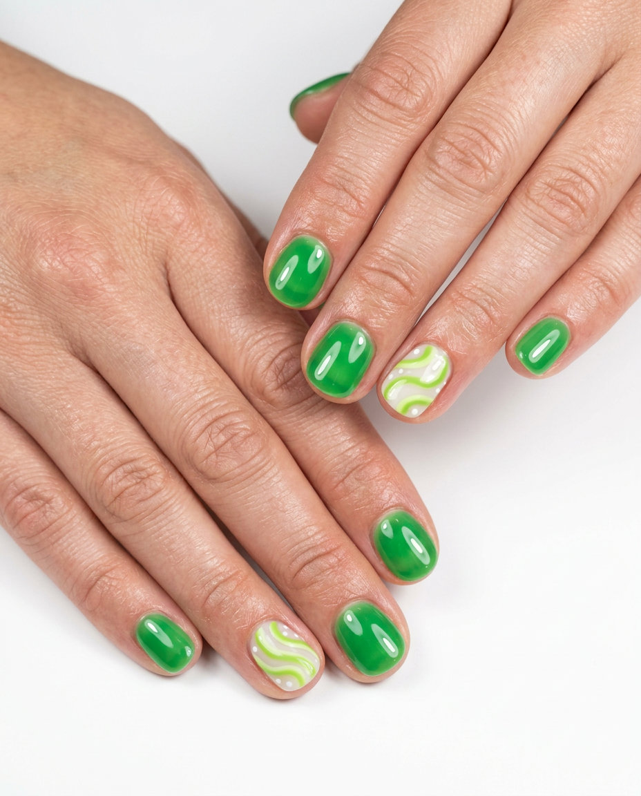 Milky white nails with lime green jelly swirls and white dots: June manicure ideas - summer trends 2026.