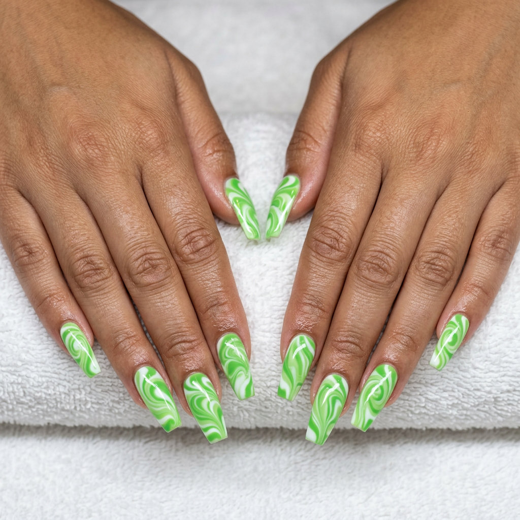 Lime green water marble swirl medium coffin nails: June manicure ideas - summer trends 2026.