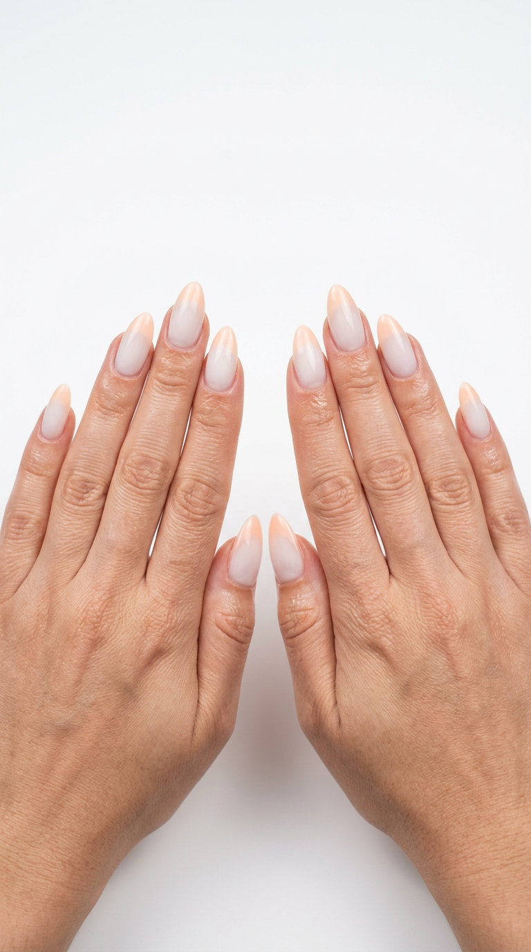 Milky white nails with soft pink/peach aura French tips: June manicure ideas - summer trends 2026.