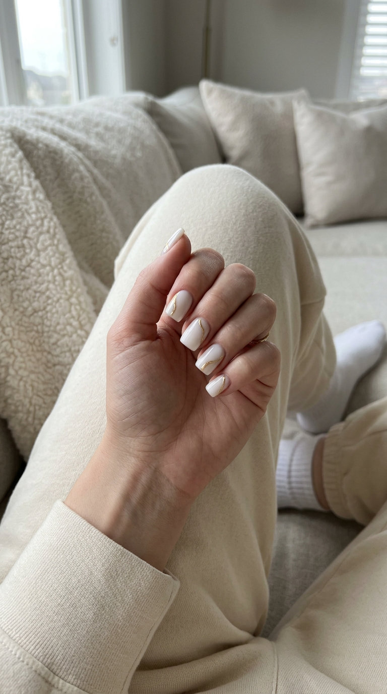 Milky white short square nails with abstract gold lines: June manicure ideas - summer trends 2026.