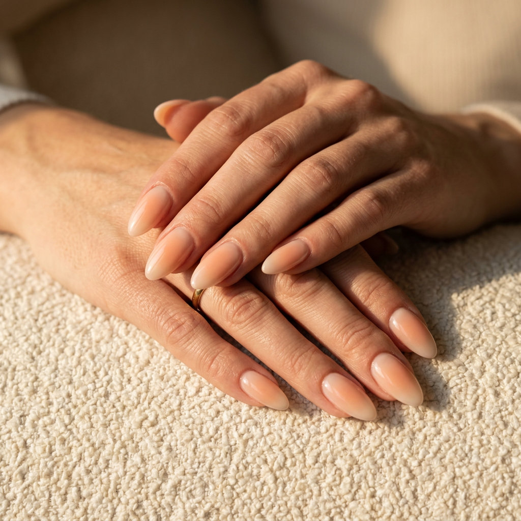 Peach fuzz aura almond gloss nails for romantic date nights and summer evenings. June manicure ideas - summer trends 2026.