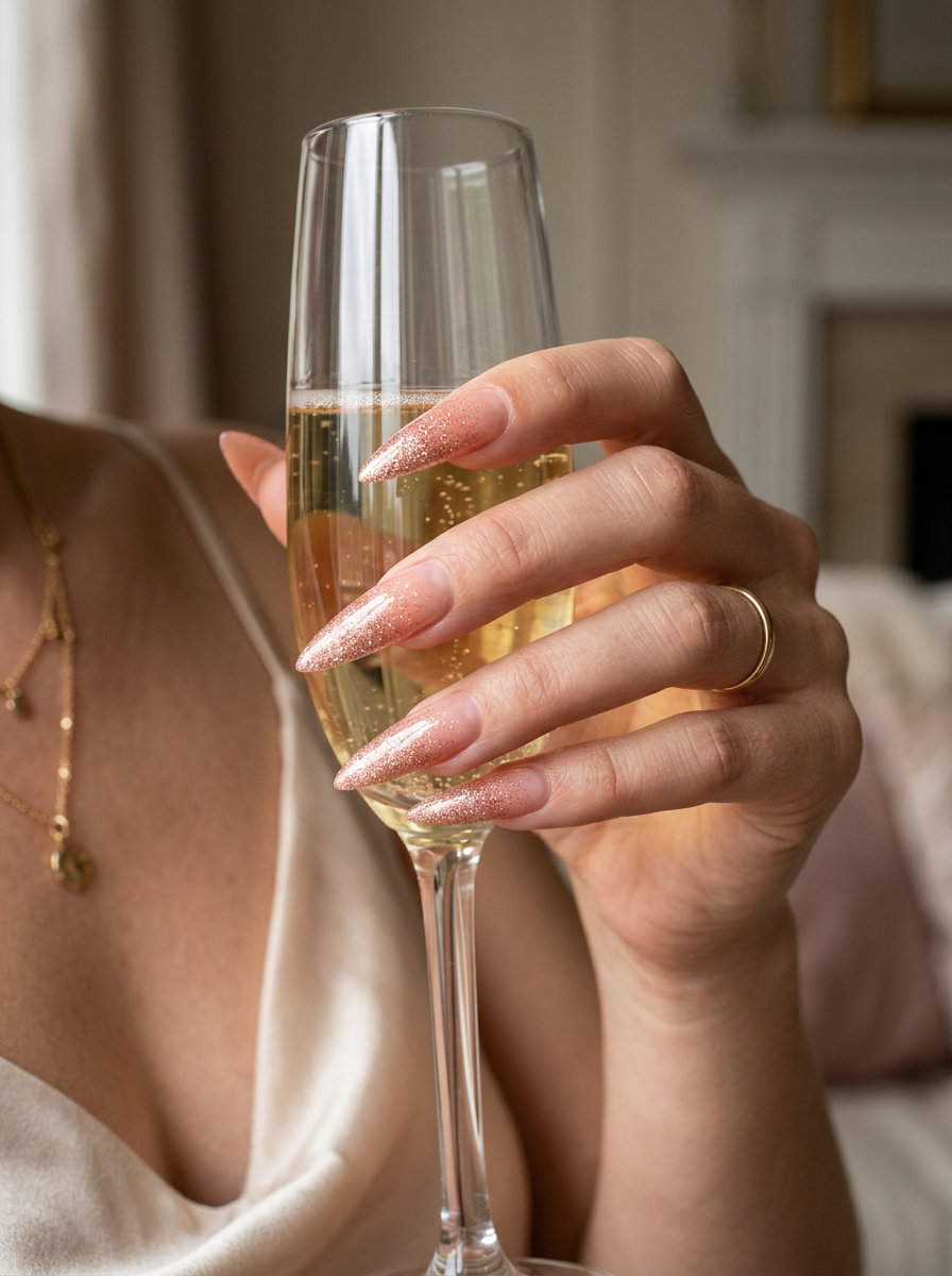 Peach fuzz glitter gradient stiletto nails for glamorous summer parties and evening events. June manicure ideas - summer trends 2026.