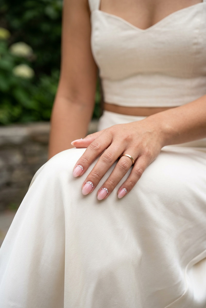 Sheer pink with rhinestone sparkle medium oval nails for weddings and special occasions. June manicure ideas - summer trends 2026.