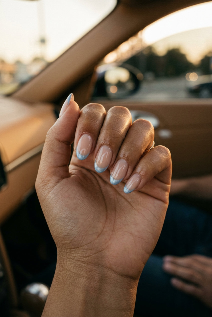 Sky blue shimmer French tips on short square nails: June manicure ideas - summer trends 2026.