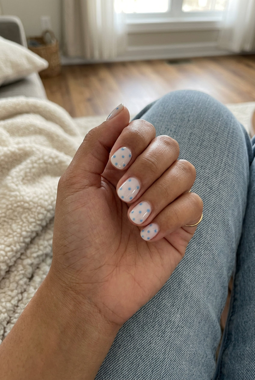 Sky blue polka dot short round nails for casual summer fun and retro vibes. June manicure ideas - summer trends 2026.