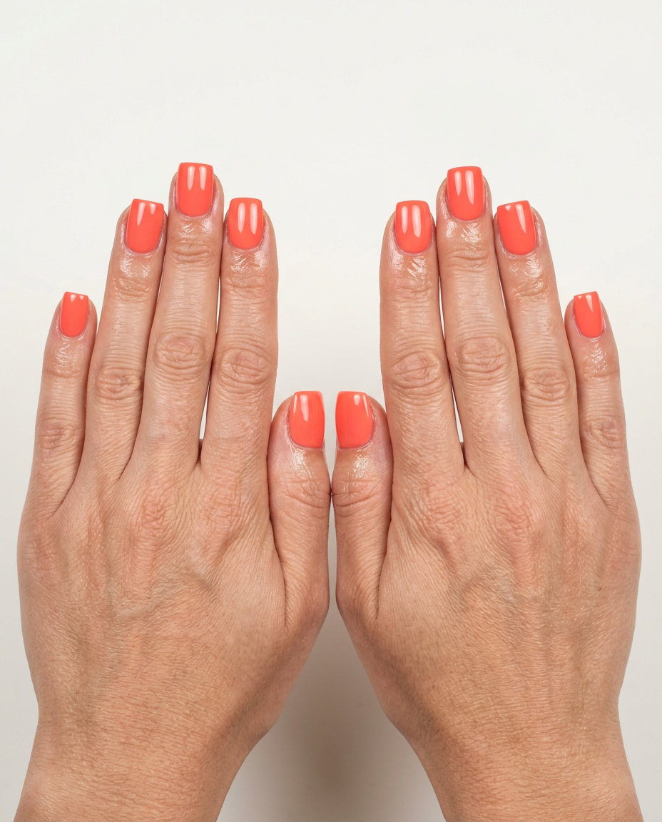 Vibrant Coral Glossy Short nails: June manicure ideas - summer trends 2026. Energetic vacation beach style.