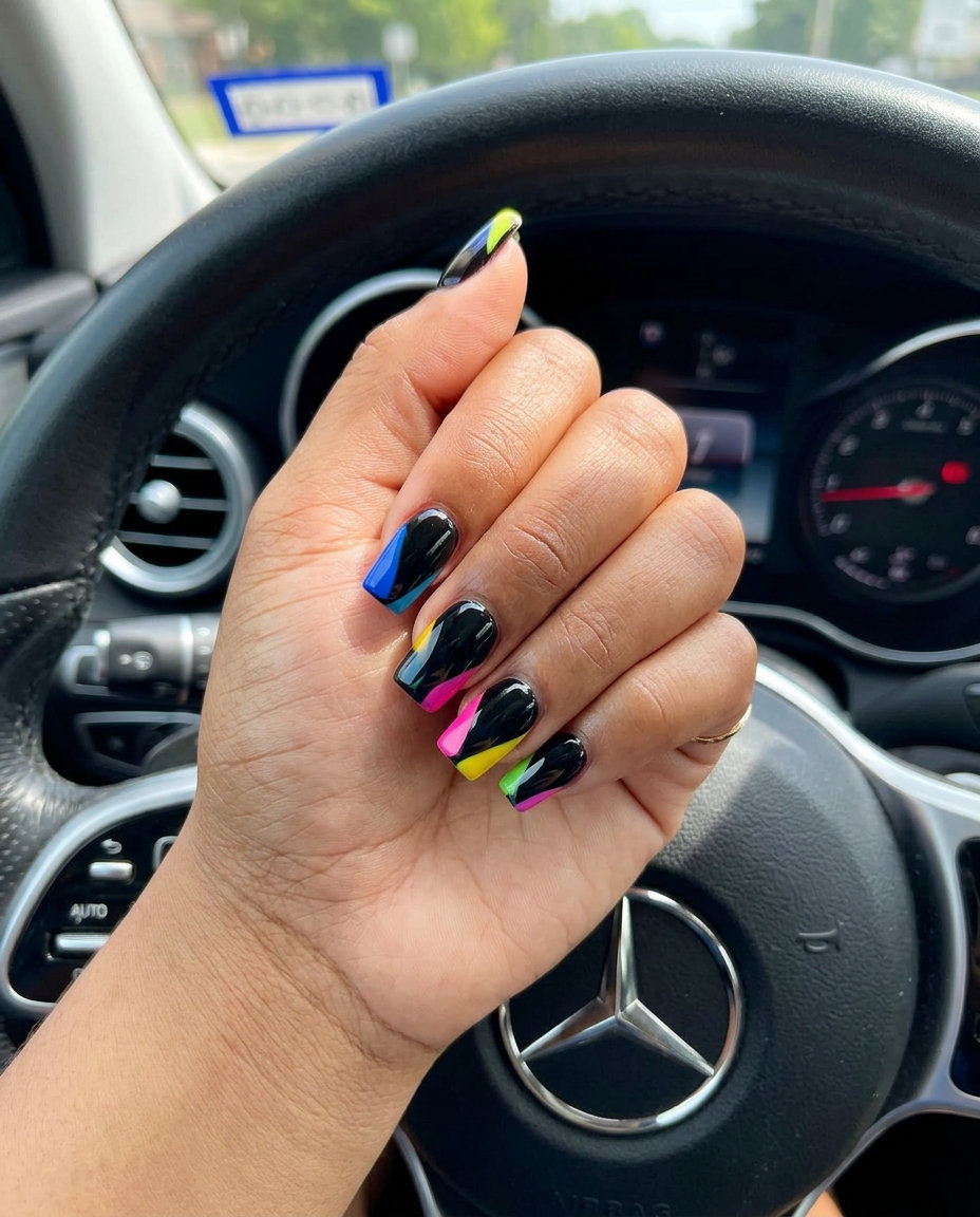 Abstract Color Block Square nails for festivals and summer parties. Bold, modern, artistic look. June nails ideas - summer ideas 2026.