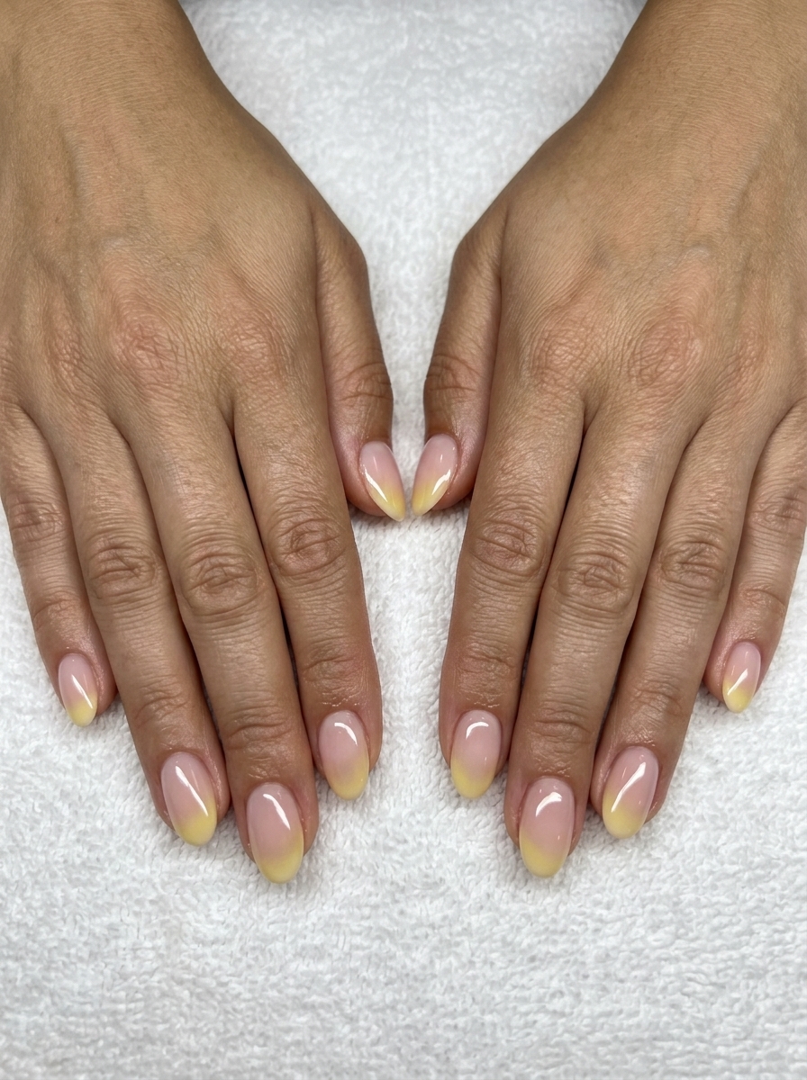 Butter Yellow Aura French Nails: Cheerful vacation nails with diffused butter yellow tips. June nails ideas - summer ideas 2026.