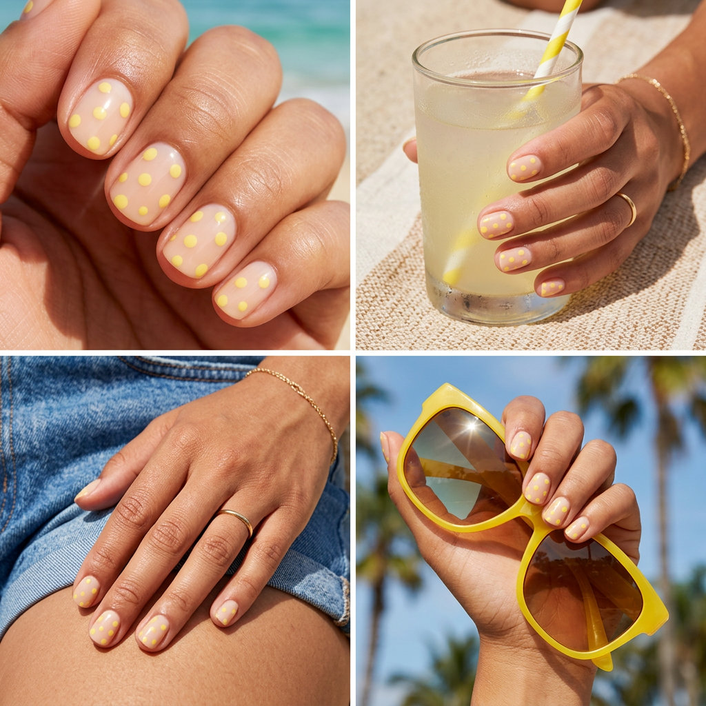 Butter Yellow Polka Dot Almond nails for casual outings and summer brunch. Playful, clean, chic look. June nails ideas - summer ideas 2026.
