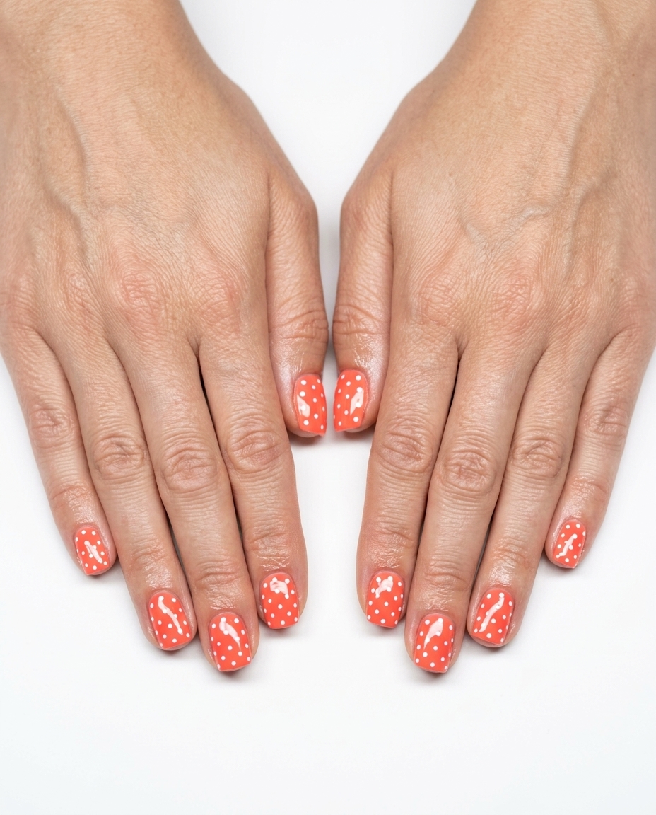 Coral & White Polka Dot nails for vacation and summer fun. Playful, charming, retro style. June nails ideas - summer ideas 2026.