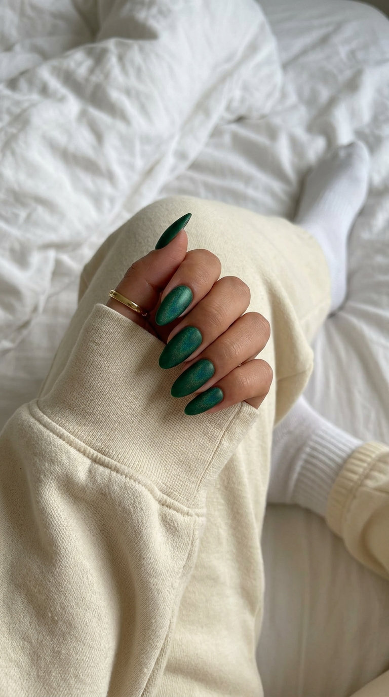 Emerald Velvet Jewel Tone Nails: Sophisticated formal event nails in deep emerald green with subtle shimmer. June nails ideas - summer ideas 2026.